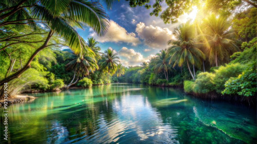 Tropical river surrounded by lush green jungle, reflecting sunlight through canopy Tropical river surrounded by lush green jungle, reflecting sunlight through canopy