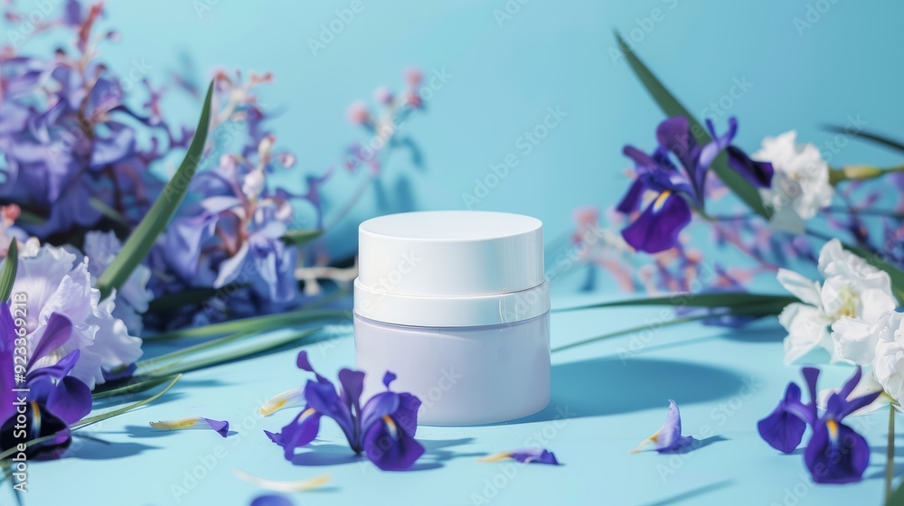 A minimalistic jar of cream sits on a vibrant blue surface, surrounded by delicate purple and white flowers, creating a serene and elegant scene. A minimalistic jar of cream sits on a vibrant blue surface, surrounded by delicate purple and white flowers, creating a serene and elegant scene.