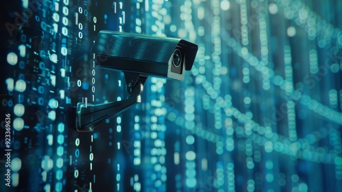 A surveillance camera amidst a backdrop of glowing binary code, representing the intersection of security technology and vast digital information streams.