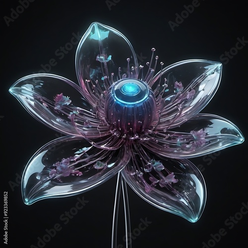 Jelly glossy technopunk flower, digital art, shiny glossy surfaces with integrated LED lights that illuminate the petals and stem, simulating a high-tech botanical specimen. photo