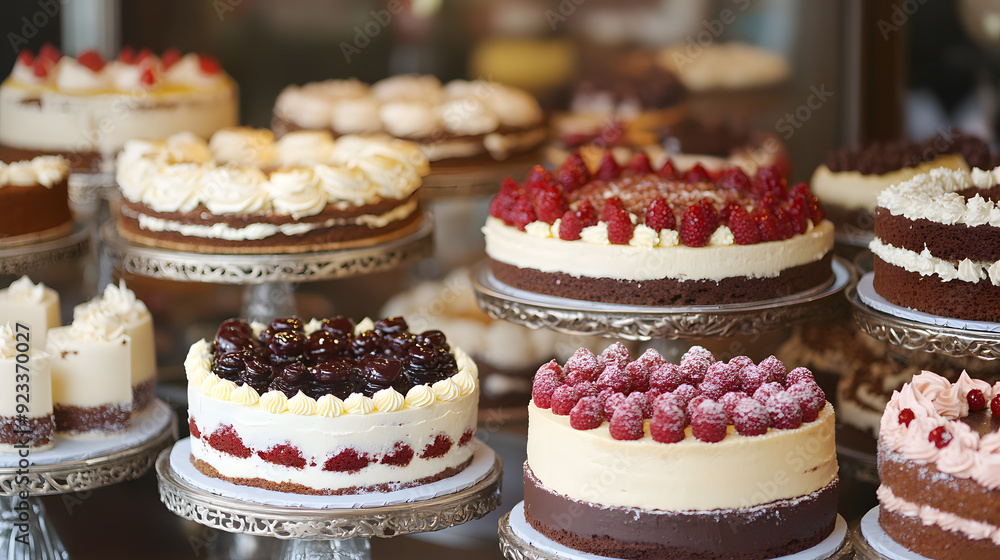 Delicious cakes on display in a bakery commercial advertising photo Delicious cakes on display in a bakery commercial advertising photo