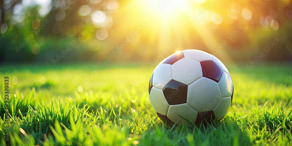 Fototapeta premium Soccer ball resting on vibrant green grass field, soccer, football, sports, outdoor, leisure, recreation, game