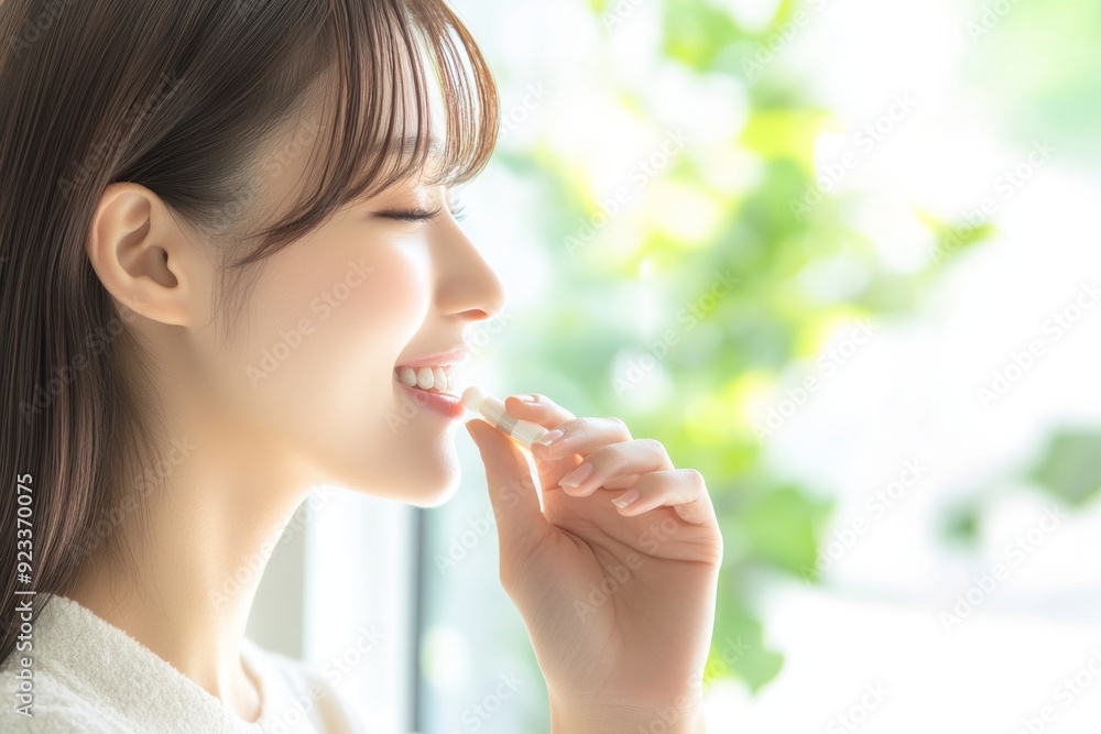 Asian young woman holding an orange medical pill in her hands, taking or eating vitamin C, D for treatment of skin, hair and nails at home, in the living room. Asian young woman holding an orange medical pill in her hands, taking or eating vitamin C, D for treatment of skin, hair and nails at home, in the living room.