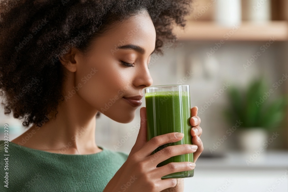An asian woman holding a veggie smoothie bottle for weight loss at home with a beautiful smile. Lifestyle, vegan nutrition concept. An asian woman holding a veggie smoothie bottle for weight loss at home with a beautiful smile. Lifestyle, vegan nutrition concept.