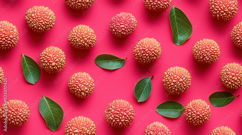 Pattern of lychee fruits arranged on a pink background Pattern of lychee fruits arranged on a pink background