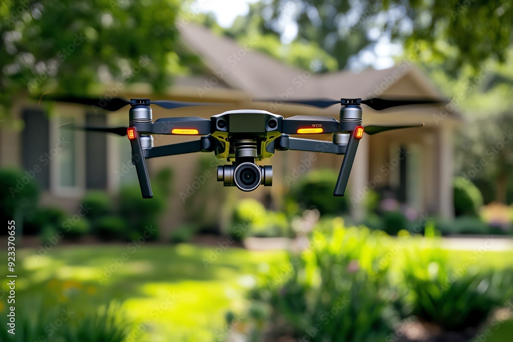 A camera-equipped drone flying over a property, providing an aerial view of the home and surrounding area as part of an advanced security surveillance system A camera-equipped drone flying over a property, providing an aerial view of the home and surrounding area as part of an advanced security surveillance system