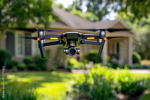 A camera-equipped drone flying over a property, providing an aerial view of the home and surrounding area as part of an advanced security surveillance system