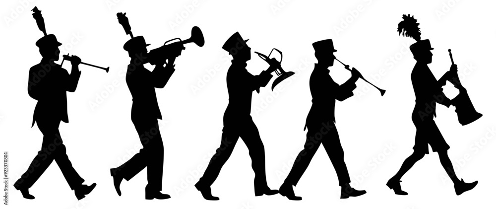 © Aamir - silhouettes of marching band musicians playing instruments and marching © Aamir - silhouettes of marching band musicians playing instruments and marching