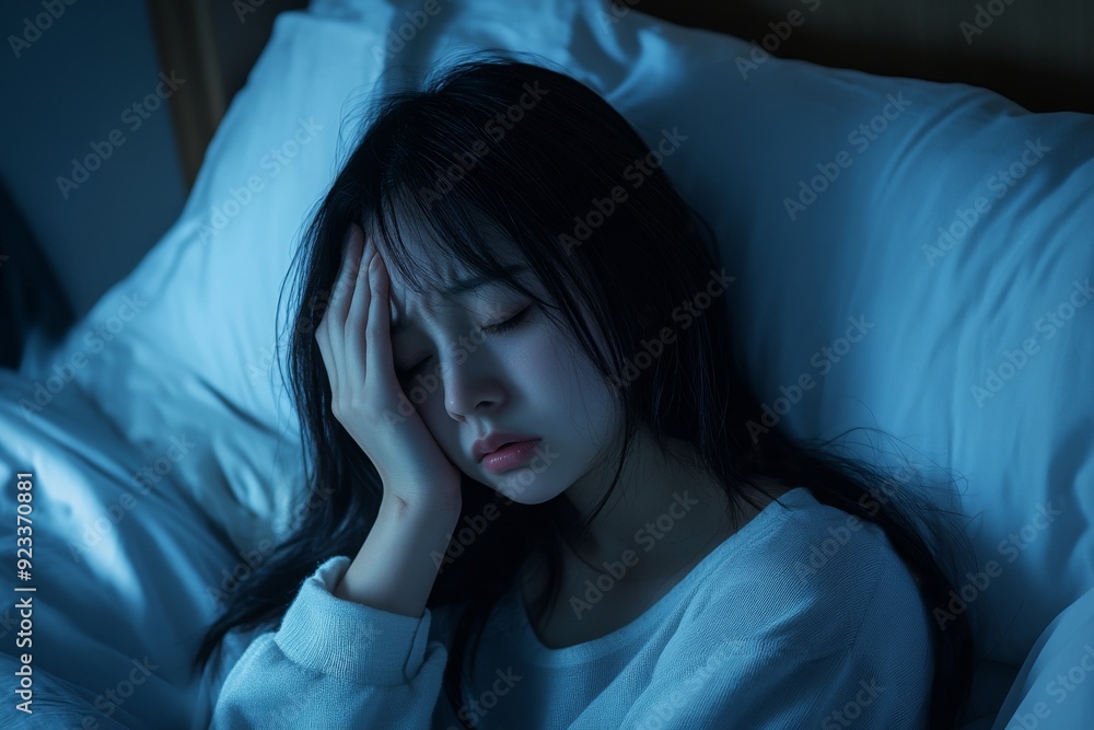 Young woman depressed, anxious, girl frustrated, closing her eyes, touching her face, experiencing stress, sickness, tiredness, crisis sitting on bed with headache, migraine pain tension problem. Young woman depressed, anxious, girl frustrated, closing her eyes, touching her face, experiencing stress, sickness, tiredness, crisis sitting on bed with headache, migraine pain tension problem.