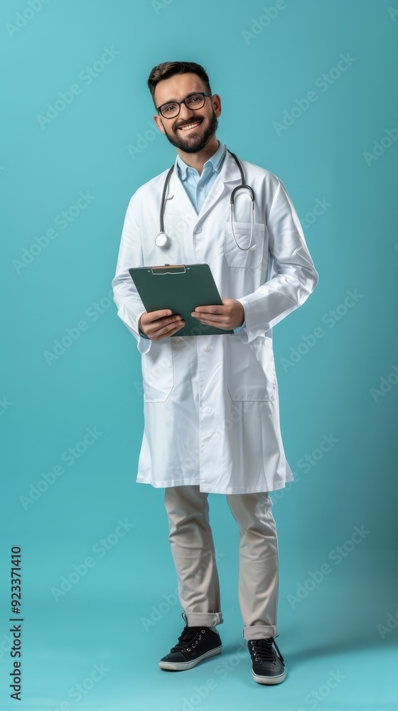 A doctor stands confidently, smiling, holding a clipboard in a professional setting A doctor stands confidently, smiling, holding a clipboard in a professional setting
