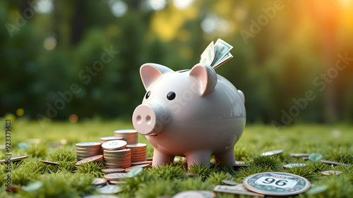 Piggy bank with coins on bokeh background, savings concept. Close-up of piggy bank coins stacked against green bokeh background. finance and money business concept Save money to prepare for the future