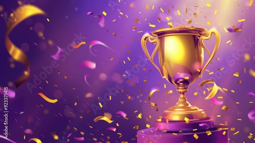 A golden trophy surrounded by falling confetti on a purple background highlights the concept of a celebration or achievement.