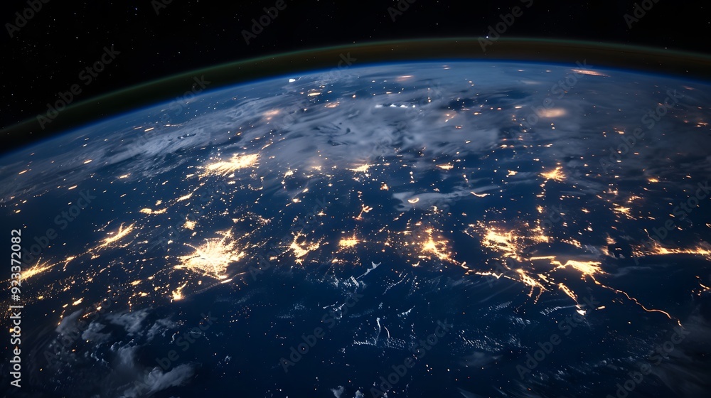View of Earth from space with lights glowing in cities View of Earth from space with lights glowing in cities