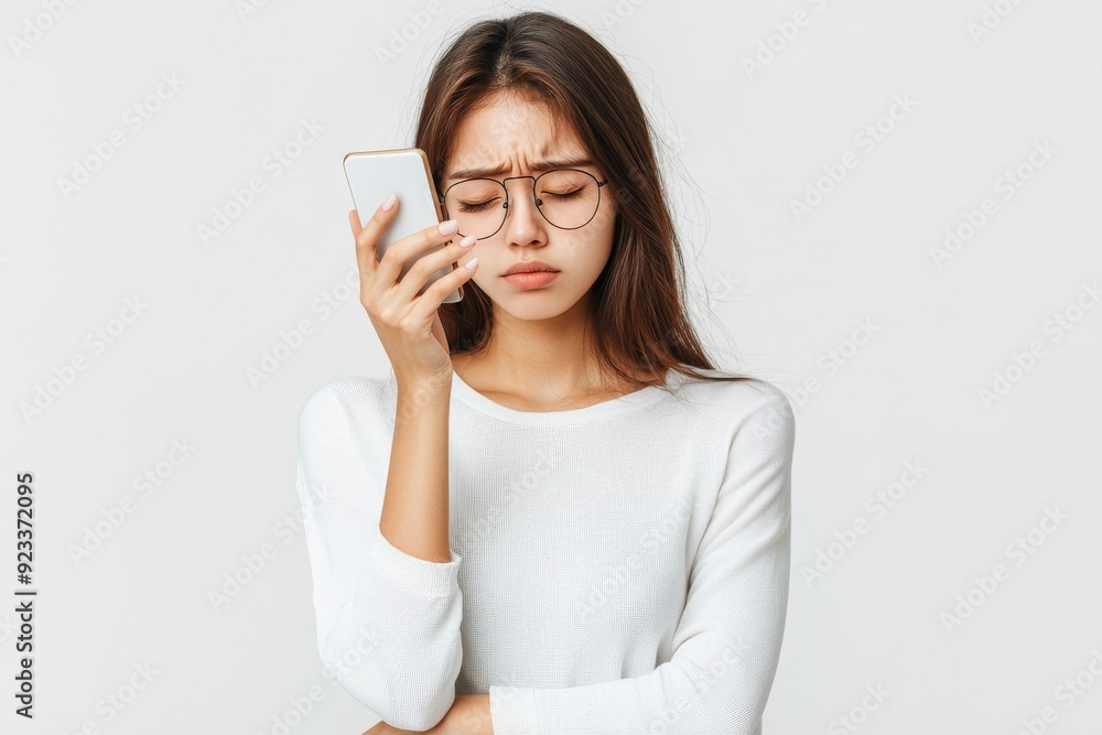 A middle-aged Asian woman holding eyeglasses with blurred vision, reading text messages on her smart mobile phone screen, having a problem with presbyopia, hyperopia, eyesight farsighted. A middle-aged Asian woman holding eyeglasses with blurred vision, reading text messages on her smart mobile phone screen, having a problem with presbyopia, hyperopia, eyesight farsighted.