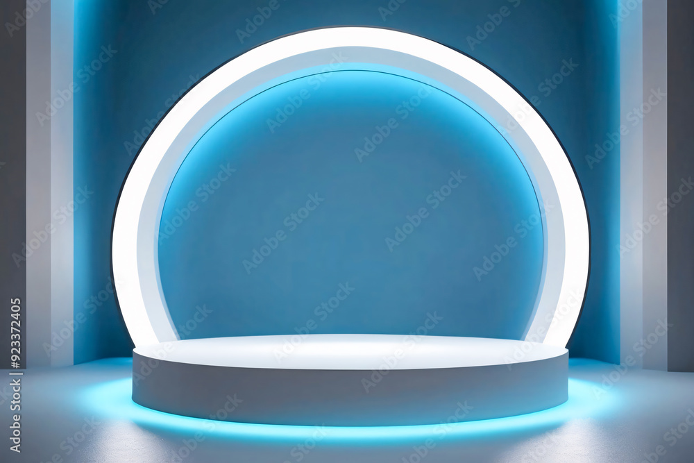 White podium with modern blue glowing light for product placement and marketing White podium with modern blue glowing light for product placement and marketing