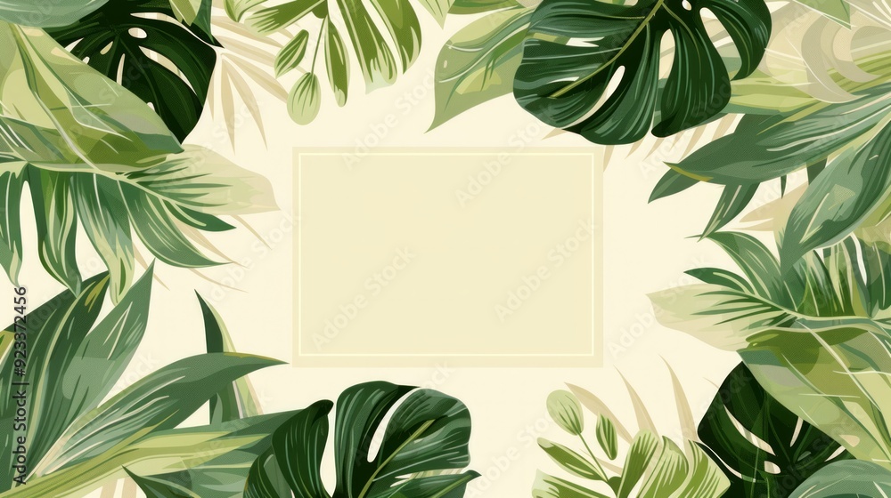 Naklejka premium Retro image shows a minimalistic design featuring a central, blank, cream-colored square set against a background of large, green palm leaves