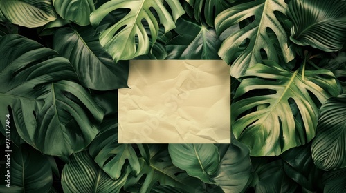 Wallpaper Mural Retro image shows a minimalistic design featuring a central, blank, cream-colored square set against a background of large, green palm leaves Torontodigital.ca