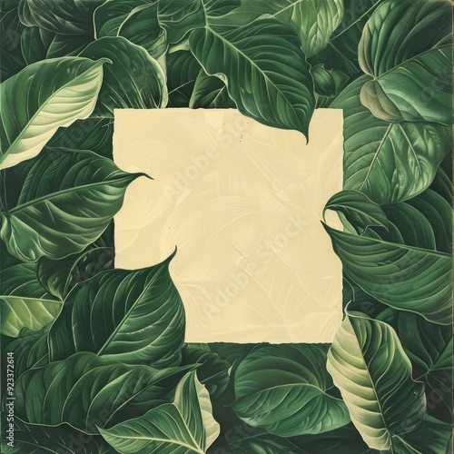 Wallpaper Mural Retro image shows a minimalistic design featuring a central, blank, cream-colored square set against a background of large, green palm leaves Torontodigital.ca