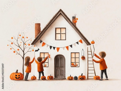 Children decorating a haunted house with Halloween decorations, painted in a lively and cheerful watercolor palette Halloween Decor, Kids, Watercolor Scene photo