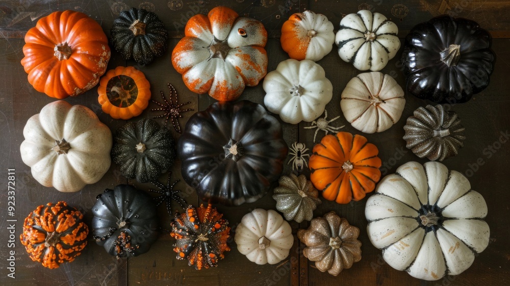 This image features a variety of pumpkins and decorative elements on a dark wooden surface. This image features a variety of pumpkins and decorative elements on a dark wooden surface.