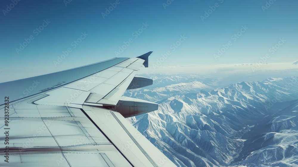 The wing of an airplane soars over a vast, snowy mountain range under a bright, clear sky. The wing of an airplane soars over a vast, snowy mountain range under a bright, clear sky.