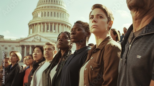 A diverse group of individuals standing resolutely in front of a grand governmental building, symbolizing unity, resolve, and civic engagement.