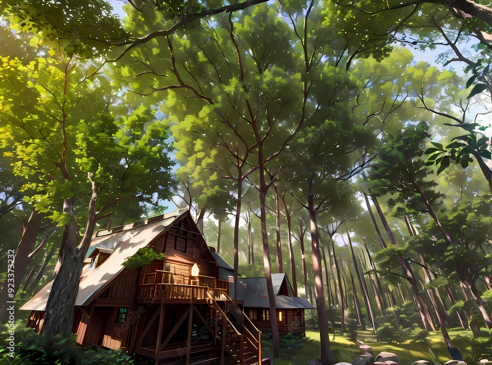 The beauty of wooden house architecture combined with the stunning natural forest The beauty of wooden house architecture combined with the stunning natural forest