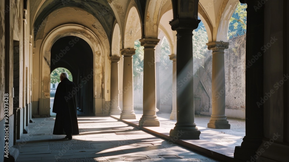 A cloaked figure walks through a sunlit stone cloister with high arches, casting long shadows and evoking a sense of mystery and history. A cloaked figure walks through a sunlit stone cloister with high arches, casting long shadows and evoking a sense of mystery and history.