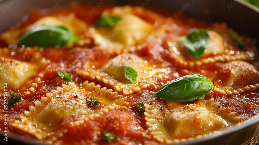 Close-up of delicious ravioli dish in rich tomato sauce Close-up of delicious ravioli dish in rich tomato sauce