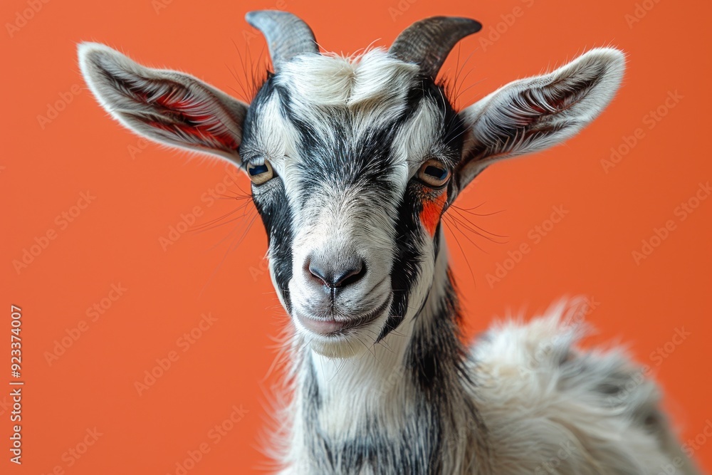 Commercial shot of a goat with humorous makeup on a solid orange studio background Commercial shot of a goat with humorous makeup on a solid orange studio background