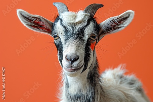 Commercial shot of a goat with humorous makeup on a solid orange studio background