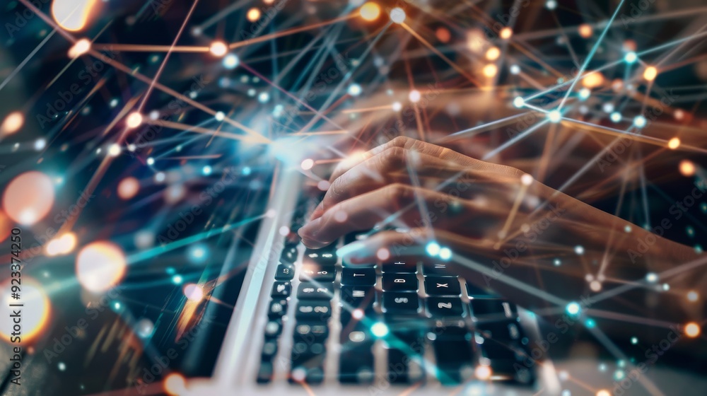 Person typing on a laptop surrounded by glowing network lines, representing digital communication and the interconnected environment. Person typing on a laptop surrounded by glowing network lines, representing digital communication and the interconnected environment.