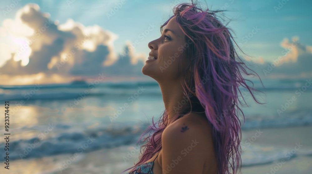 A woman with pink hair enjoys a serene beach view. The sky is dramatic, sea vast, and she seems lost in tranquility, enhancing the peaceful atmosphere. A woman with pink hair enjoys a serene beach view. The sky is dramatic, sea vast, and she seems lost in tranquility, enhancing the peaceful atmosphere.