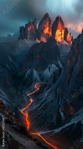 Captivating Dolomites mountain scene at night: light trails through high pass towards majestic peaks, vivid colors create enchanting fantasy-like atmosphere under starry sky.