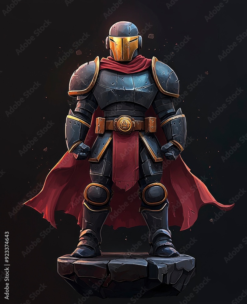 Fototapeta premium Powerful Medieval Knight in Full Armor with Red Cape and Golden Accents