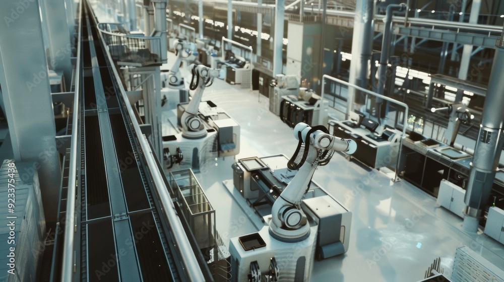 A futuristic factory filled with robotic arms meticulously working on an assembly line, showcasing the pinnacle of automation and industrial advancement. A futuristic factory filled with robotic arms meticulously working on an assembly line, showcasing the pinnacle of automation and industrial advancement.