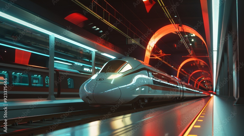 A high-speed train, illuminated by vibrant red and blue lights, rushes through a modern, sleek, and futuristic train station at night. A high-speed train, illuminated by vibrant red and blue lights, rushes through a modern, sleek, and futuristic train station at night.