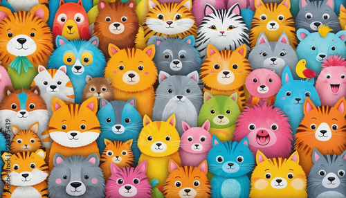 Illustrative childlike depiction of various cute and friendly animals from nature in bright colors