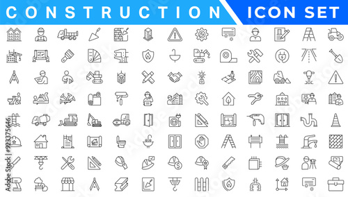 Construction line icons set. Home repair tools outline icons collection. Construction tools, builders and equipment symbols. Builder, crane, engineering, equipment, helmet, tool, house