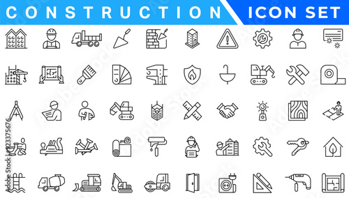 Construction line icons set. Home repair tools outline icons collection. Construction tools, builders and equipment symbols. Builder, crane, engineering, equipment, helmet, tool, house