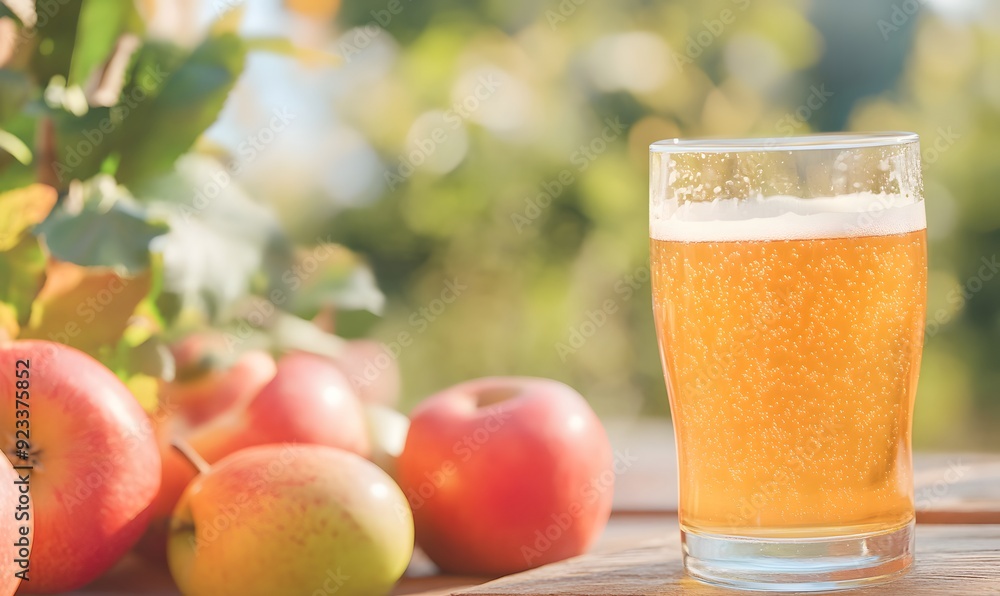 Fototapeta premium A glass of cider against the backdrop of an apple orchard, Generative AI