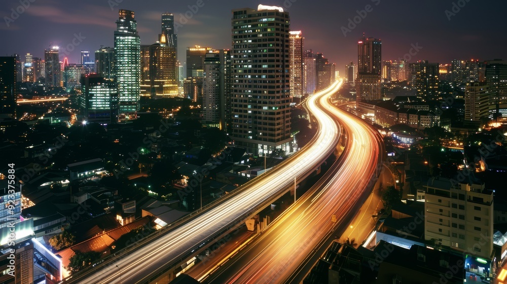 A vibrant cityscape at night with blurred car lights creating dynamic streaks, set against a backdrop of illuminated skyscrapers.