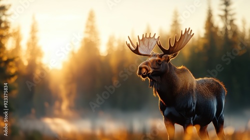 A majestic moose stands tall in a tranquil forest setting during sunrise, with gentle light enveloping its powerful figure, highlighting the serene and peaceful environment.