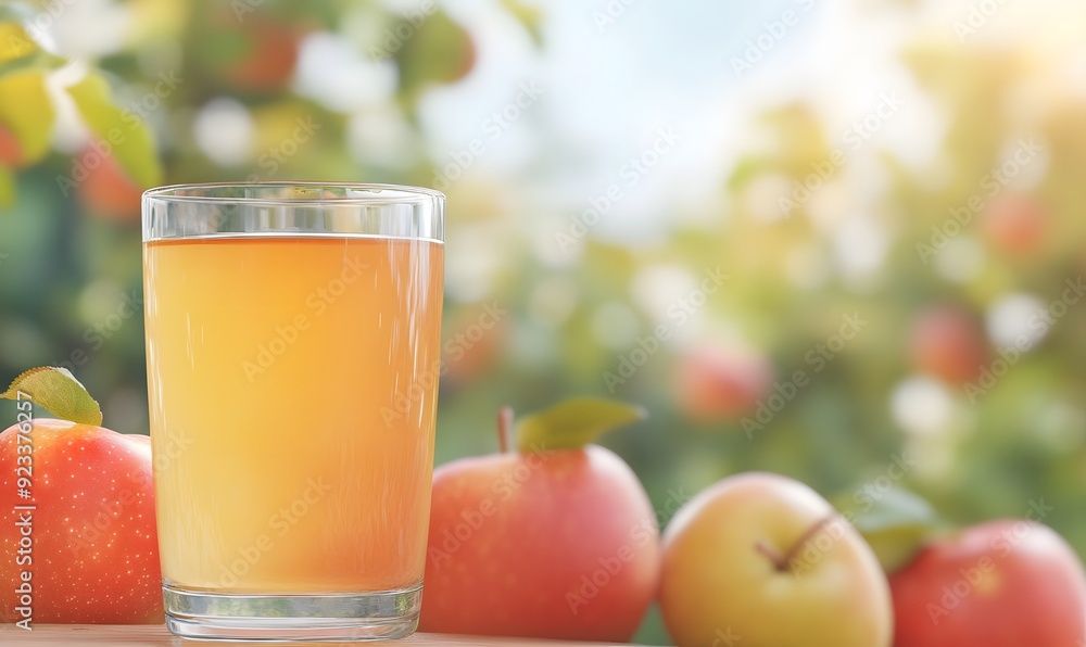 A glass of cider against the backdrop of an apple orchard, Generative AI A glass of cider against the backdrop of an apple orchard, Generative AI