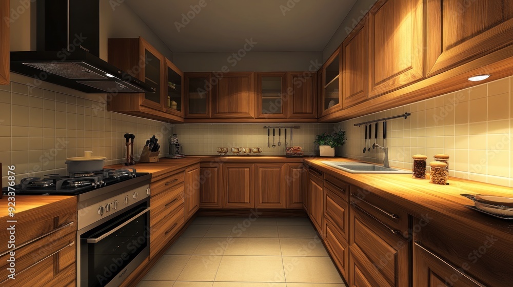 Fototapeta premium Wooden kitchen façade in home with modern interior, new furniture