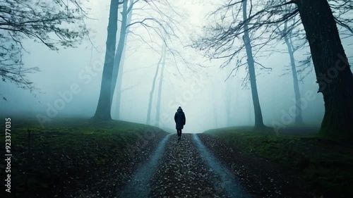 A lone figure walks away from the camera down a foggy forest path, symbolizing solitude and contemplation