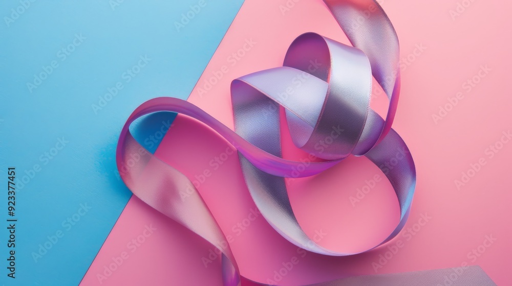 A flowing ribbon in shades of pink and purple gracefully sprawls over a split blue and pink background. A flowing ribbon in shades of pink and purple gracefully sprawls over a split blue and pink background.