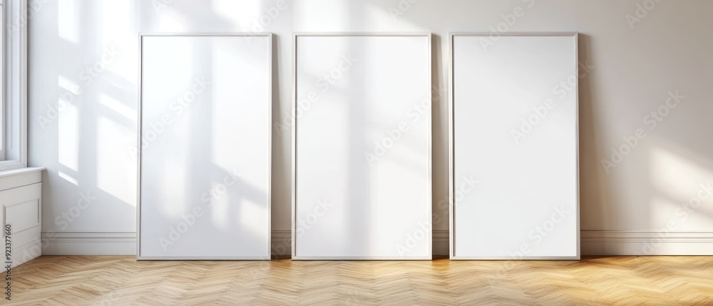 Fototapeta premium Three Blank Frames on a White Wall with Wooden Flooring