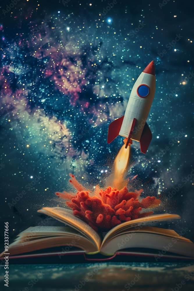A Rocket flying out of an open book on a starr sky back.Fantasy A Rocket flying out of an open book on a starr sky back.Fantasy