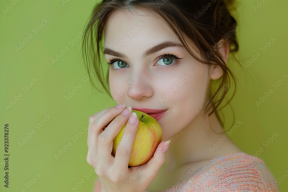 A Pretty young woman eating ripe apple on green background A Pretty young woman eating ripe apple on green background